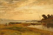 Coastline at low tide in the evening light. Resting in the foreground dry sailing boats Albert Hertel